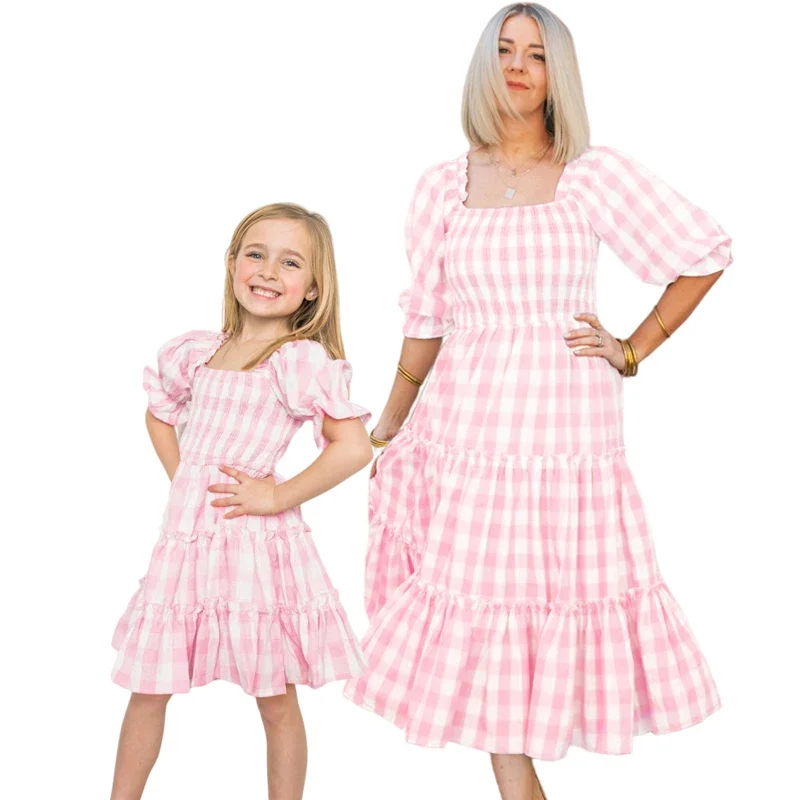 

Summe Mother Daughter Matching Dresses Pink Grid Spring Family Look Mommy and Me Clothes Outfits Mom Mum Baby Women Girls Dress