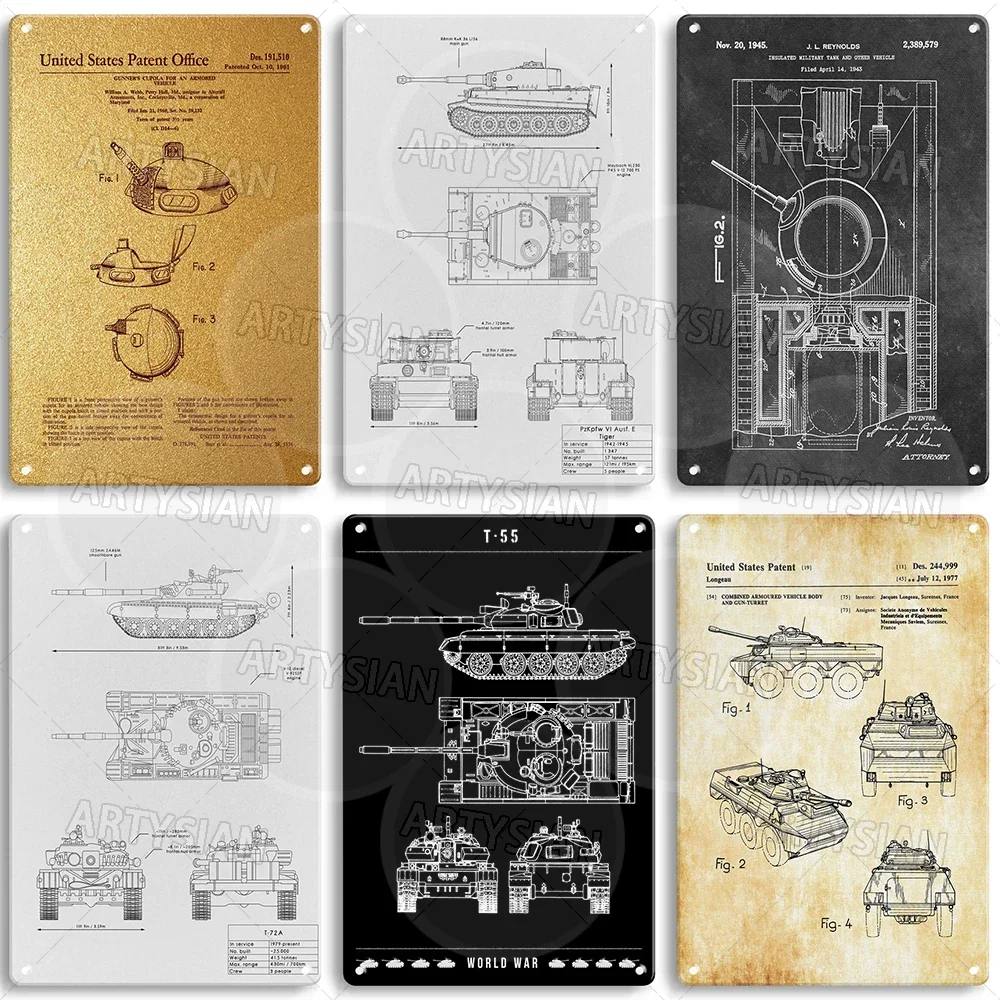 Tank Technical drawing Metal Sign Military Patent Drawing Armored Vehicles Metal Plaque Cruiser MK II SMK T-55 Sheridan XT-26