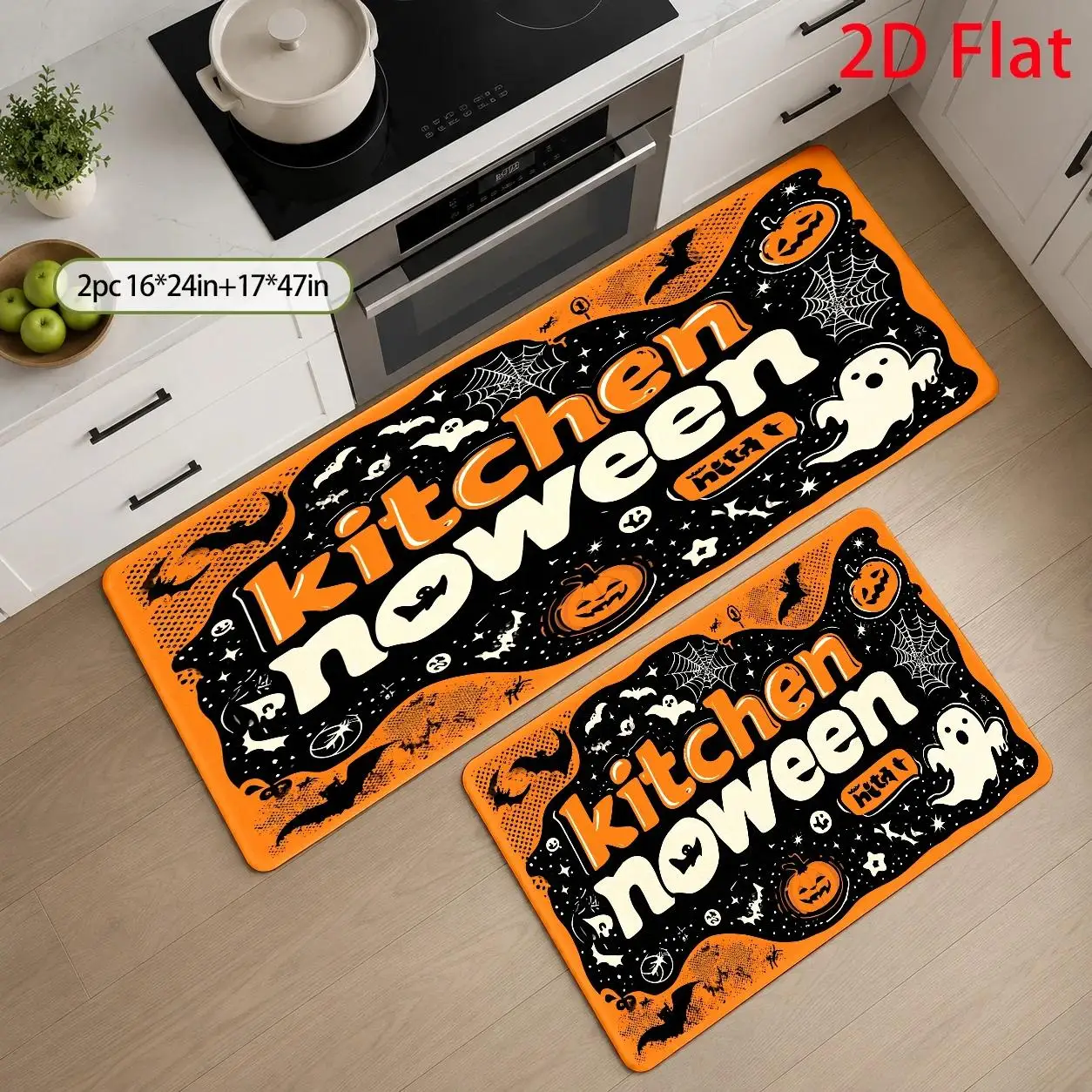 1pc, 2pcs, 3pcs, 2D Flat Kitchen Floor Mat Set, Halloween Kitchen Noween Floor Mat, Spooky Pumpkin Tribal Design, Easy-To-Clean Decorative Kitchen Mat, Suitable for Kitchen, Bathroom, Laundry Room, Dining Room, And Living Room