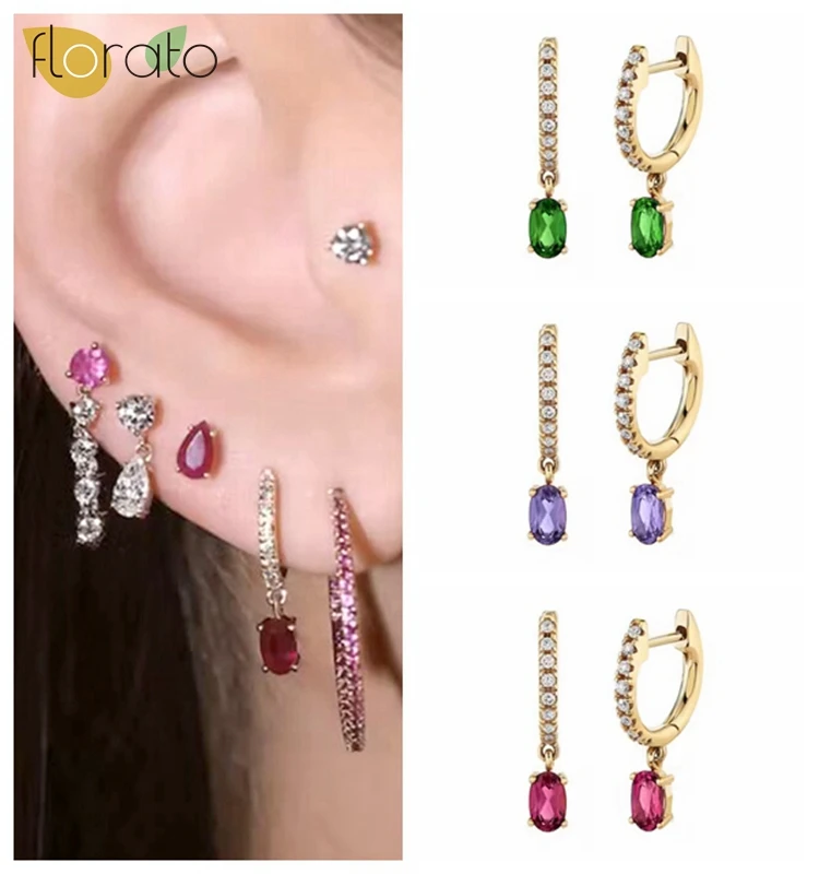 925 Sterling Silver Needle Shiny Colorful Zircon hoop  Earrings for Women Perforated Pendant  Earrings set Wedding Party Jewelry