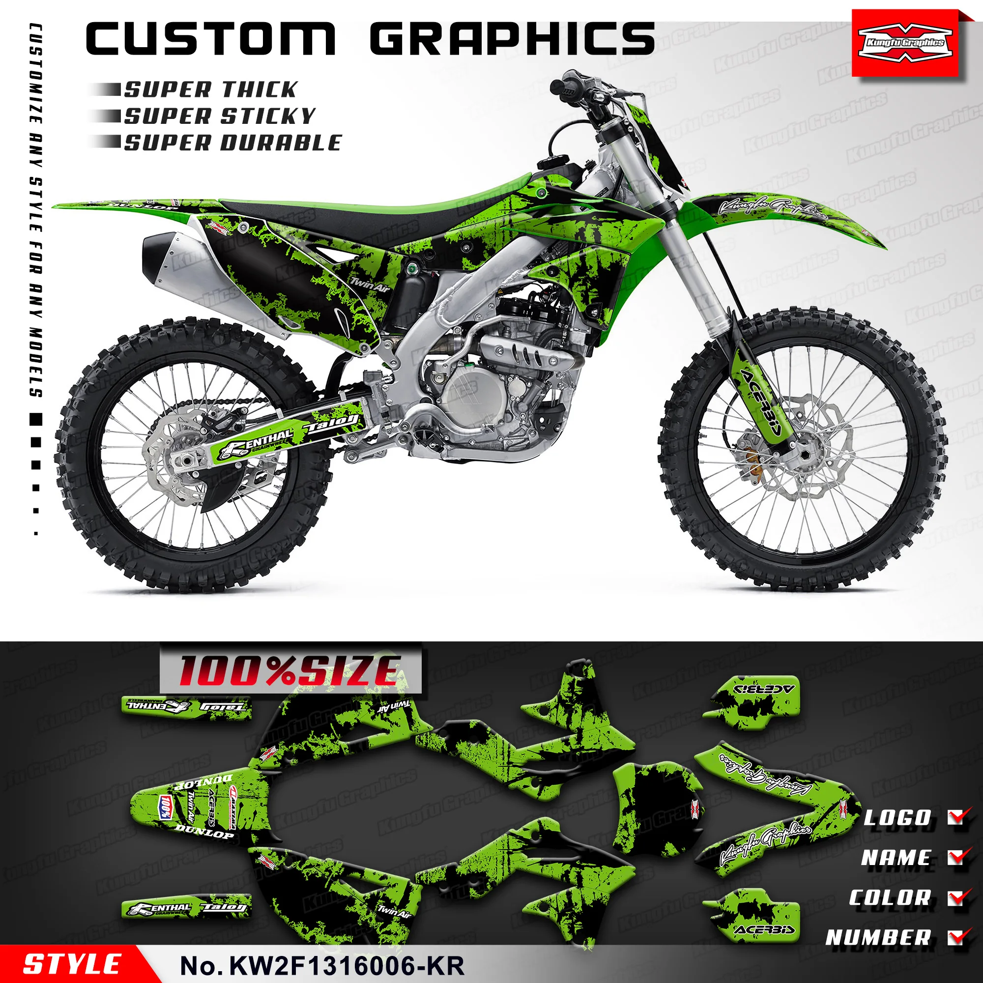 

KUNGFU GRAPHICS Motorcycle Graphics Adhesive Decals for Kawasaki KX250F KXF250 2013 2014 2015 2016, KW2F1316006-KR