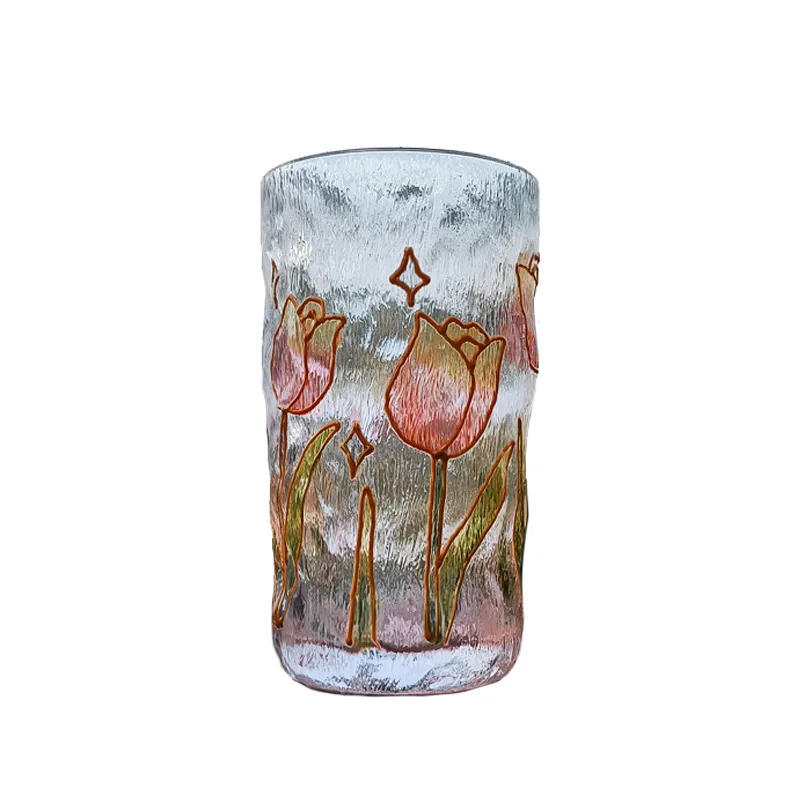 Japanese Gold Tracing Hammered Crystal Glass Cup Hand Painted Floral Design Premium Quality Water Cup