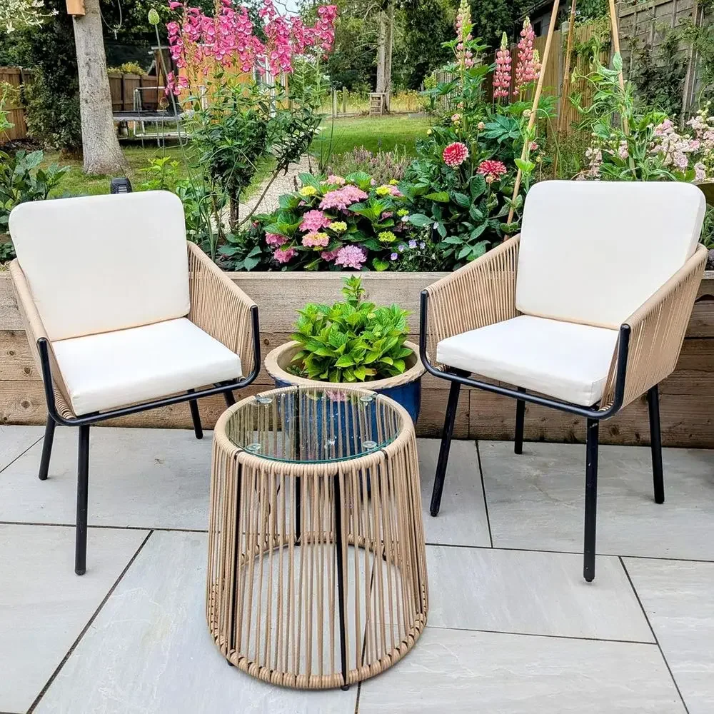 Outdoor PE Wicker 3-Piece Bistro Set with 2 Chairs, Glass Top Table, and Cushions for Patio, Porch, Garden, or Yard in Tan/Cream