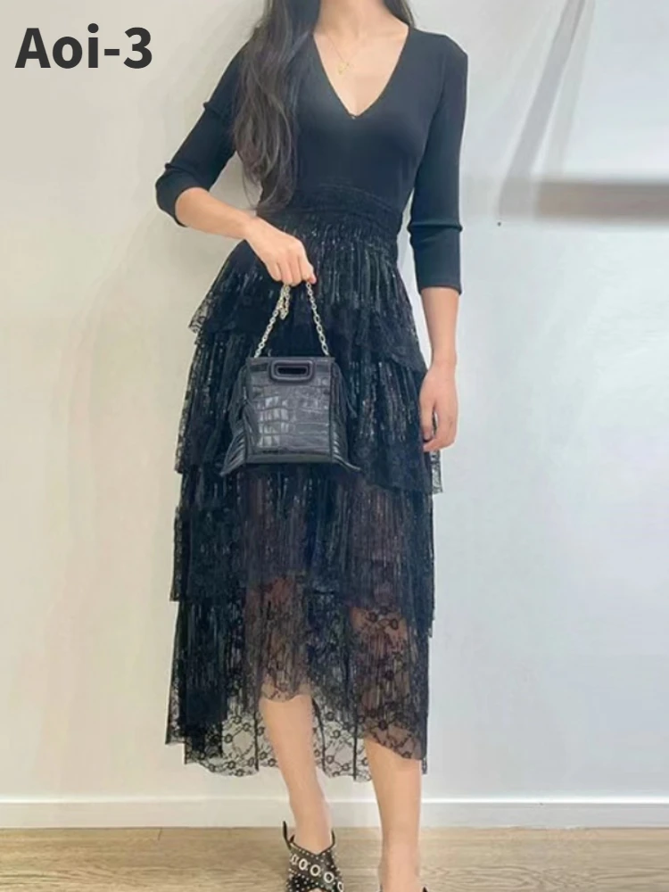 

French Fashion Knitted Long Dress Women Autumn Winter 2023 Elegant Stitching V-Neck Tight Waist Lace Sequin Mesh Long Cake Dress