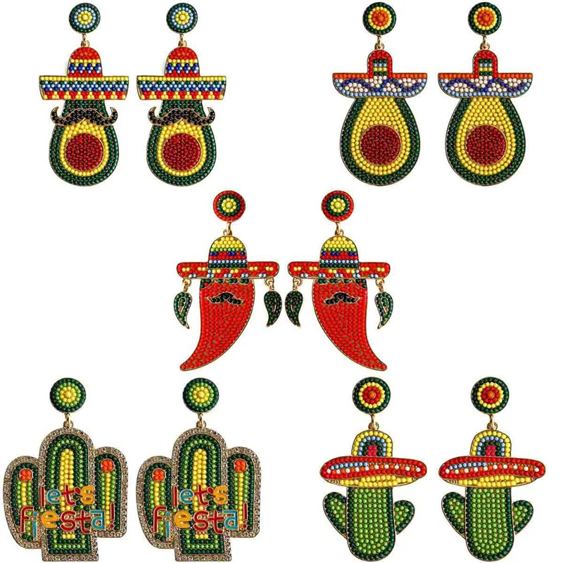 

Mexican Holiday Earrings Cactus Avocado Colored Beads Drop Earrings Fiesta Party Accessories Jewelry Gift for Women Girls