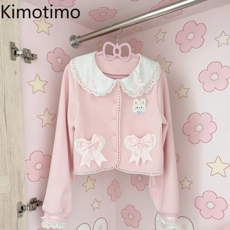 

Kimotimo Sweet Bow Patchwork Peter Pan Collar Jacket Women Japanese Y2k Aesthetic Long Sleeve Cardigan Crop Top Kawaii Cute Coat