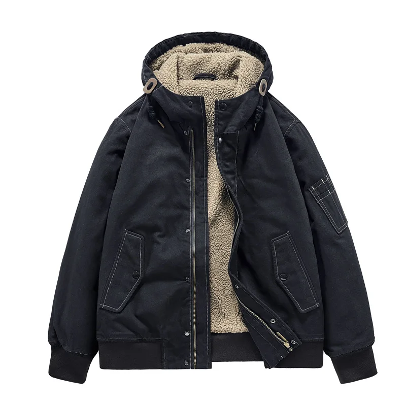 Winter Men's Casual All-match Cotton-padded Jacket, Hooded Washed Plus Velvet Tooling, Cotton-padded Jacket, Lamb Fleece Jacket