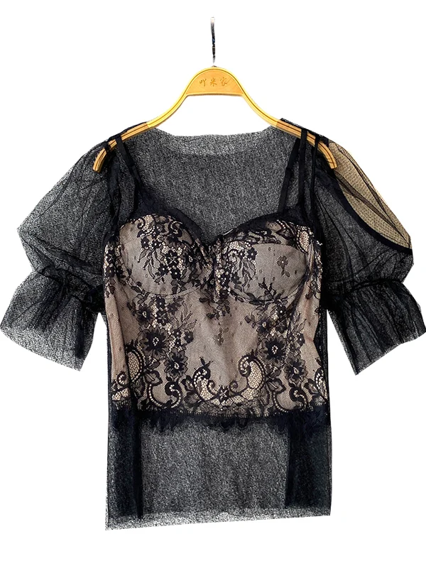 

Sexy See-tough Lace T-irt Bubble Sve round Ne Top + Underwear Lace Strap Two-piece Set Korean Sle Commute Faion