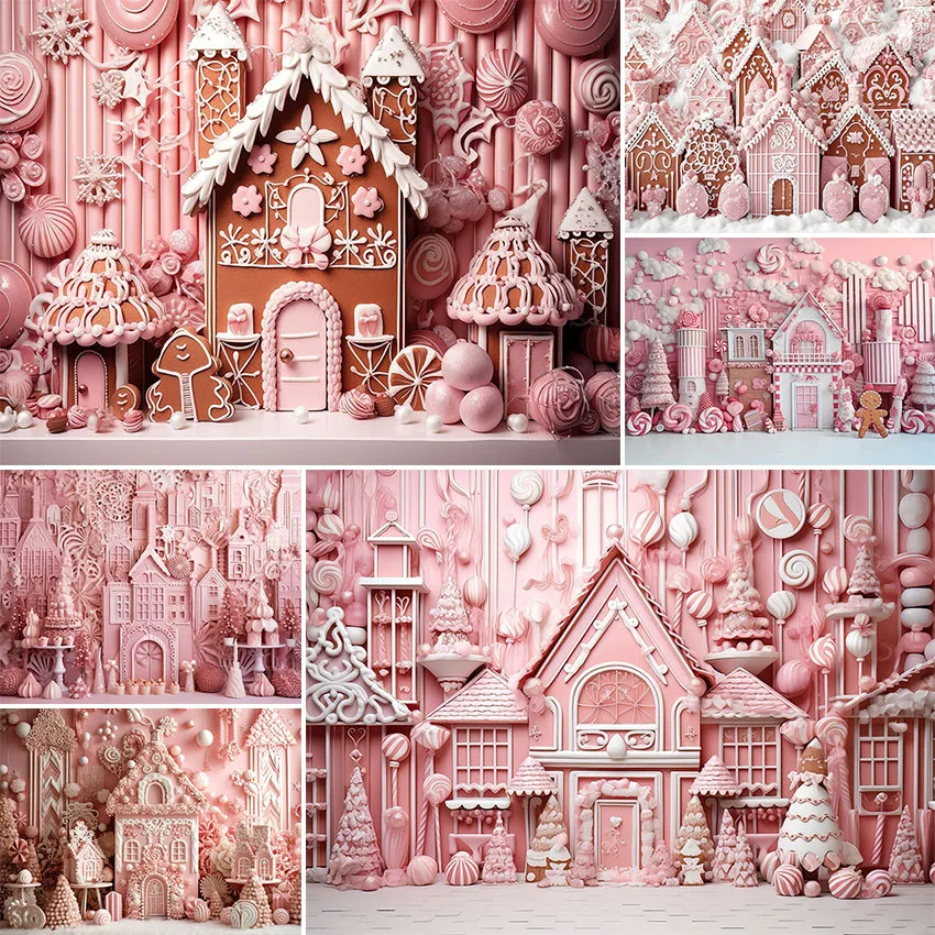 

Avezano Christmas Pink House Backdrop Winter Gingerbread Kids Portrait Photography Background Photo Studio Photocall Props