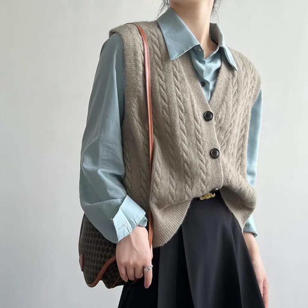 

Loose V-Neck Knitted Sleeveless Open Cardigan Women's Vest Simple Style Solid Color Autumn New Arrival Casual Fashion