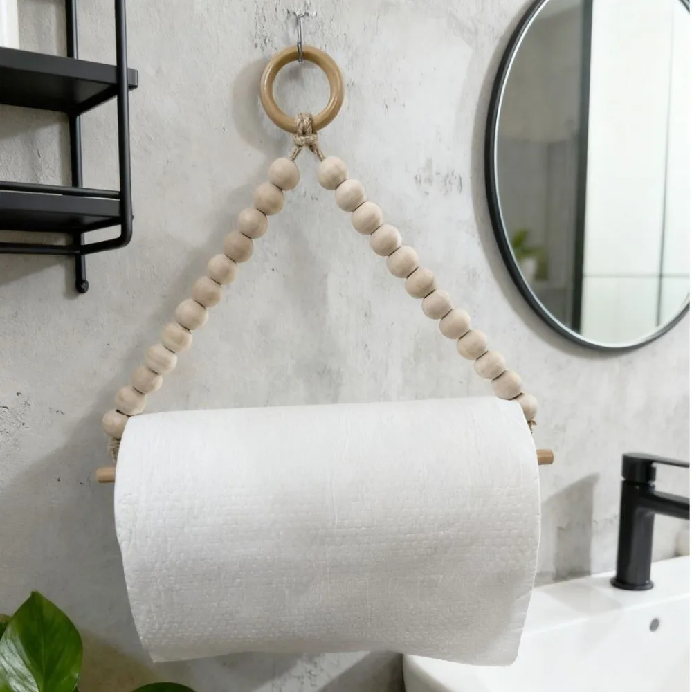 Non Punching Bead Paper Roll Holder Wall Mounted Space Saving Tissue Holder Rustic Hanging Toilet Paper Rack Bathroom