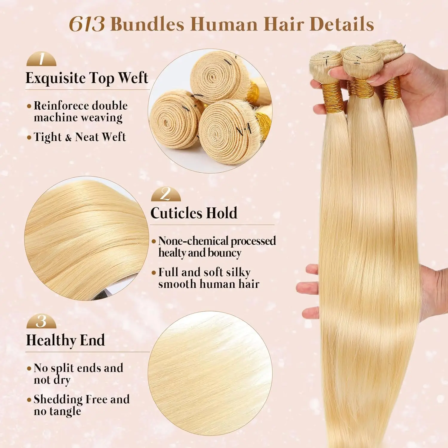 613 gerade Bundles mit Frontalverschluss 13×4 Ohr-zu-Ohr-Spitzenfront mit 3 Bundles 100 % blondes brasilianisches Echthaar