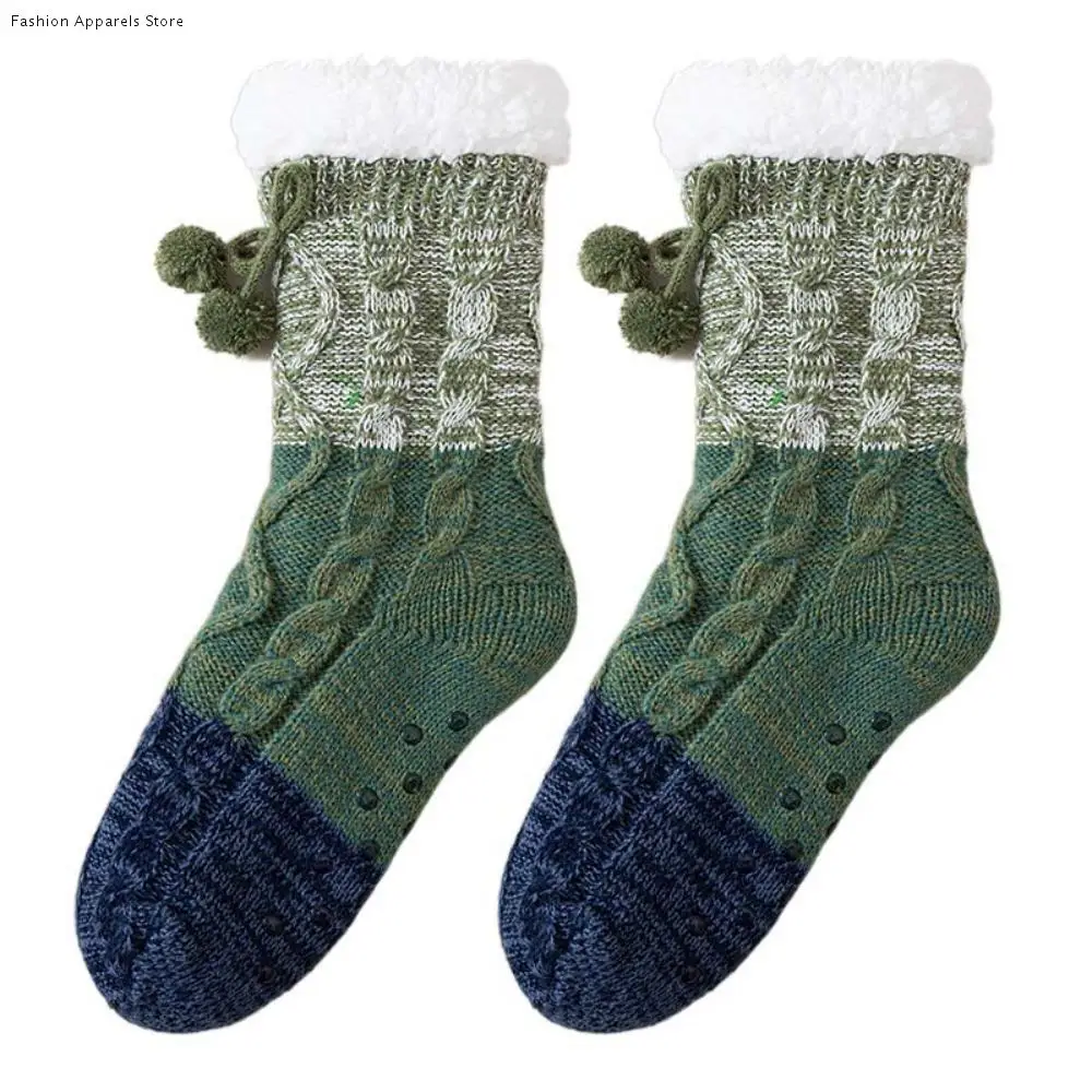 

Soft Patchwork Thick Thermal Socks Knitted Warm Plush Floor Socks Anti Slip Hosiery Winter Strip Socks Home