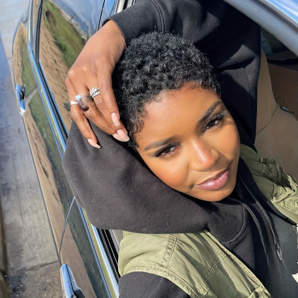 密度150% 4インチ フルマシンメイド ショートアフロカーリー人毛ウィッグ アフロショートウィッグ 女性用ピクシーカットウィッグ人毛