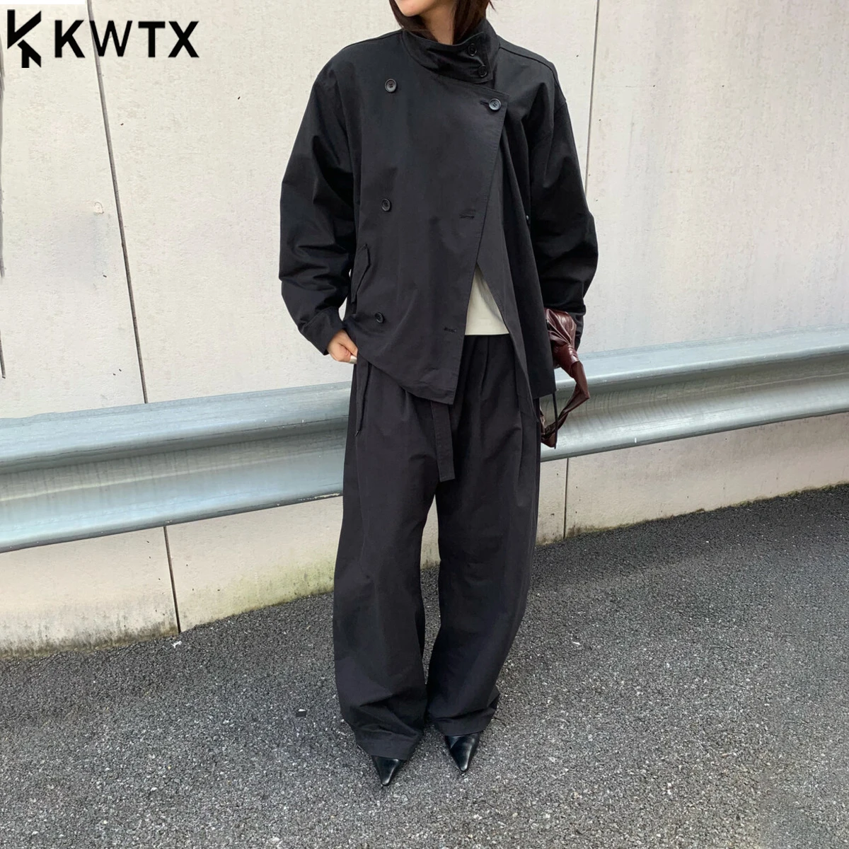 

KWTX 2025 Women’s High Quality New Arrival Stand Collar Double Breasted Blazer and Wide Leg Pants Set with Belt Vintage Autumn