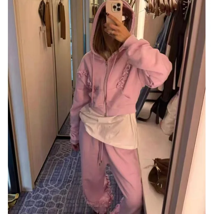 

Корейский шикарный дизайн, толстовка с капюшоном и рюшами, топ и широкие повседневные брюки, комплект из двух предметов, женский модный повседневный спортивный комплект...