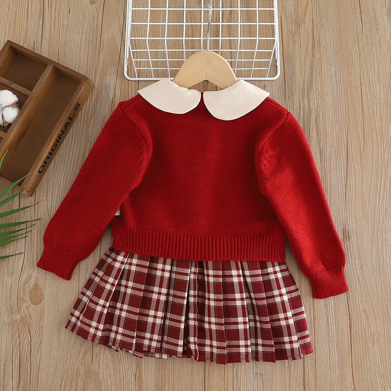 Girls Knitted Clothes Sets Spring Autumn Children Woolen Jersey Sweaters Coats Vest Dress 2pcs Princess Suit For Baby Outfit Kid