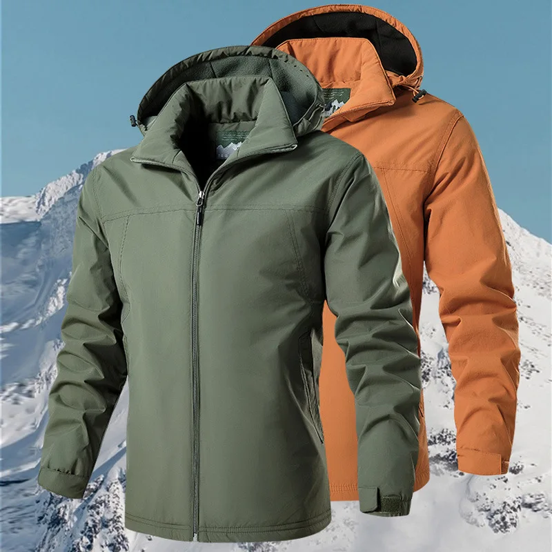 

Fleece-lined Outdoor Men's Jacket for Autumn and Winter, Warm, Windproof, Solid Color, Waterproof Mountaineering and Hiking Coat