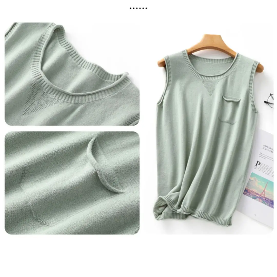 WinvyNee kaos wanita musim panas 100% katun pakaian wanita rompi leher O atasan dengan saku padat kasual Tank Top Pullover C1092003A