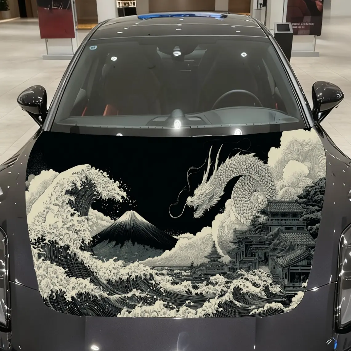 Ukiyo-e Dragón, Ondas y Monte Fuji Envoltura de vinilo para automóvil, Material de PVC Etiqueta impermeable para capó de automóvil, Autoadhesivo resistente a los arañazos S