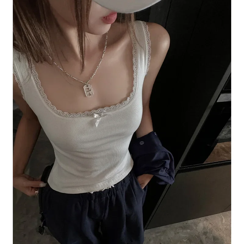 Top de tirantes finos estilo coreano para mujer, con encaje y tirantes anchos, sensación de alta gama, ideal para primavera y verano.