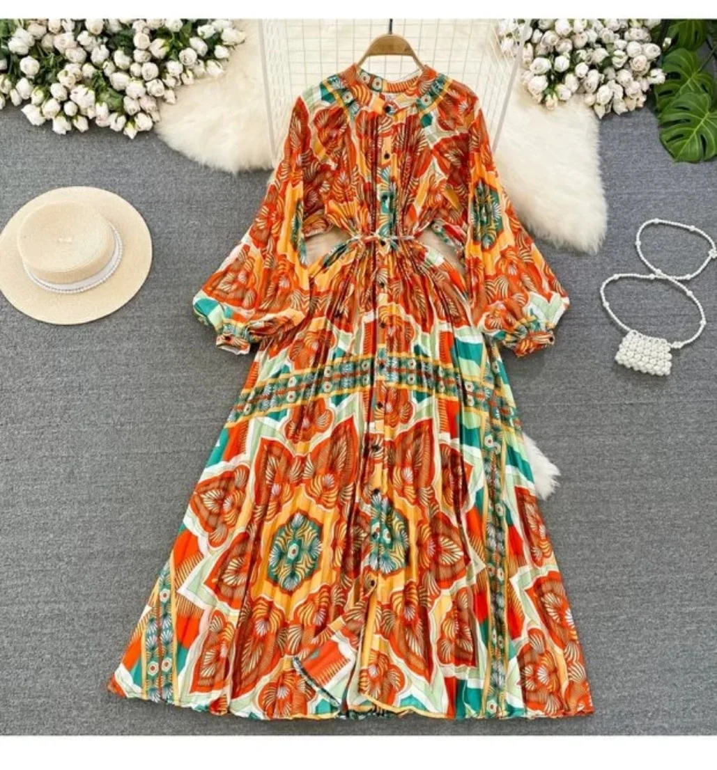 2024 Sweethug High End Elegant Lantern Long Sleeved Round Neck Single Breasted Printed Dress Elegant Long Dress