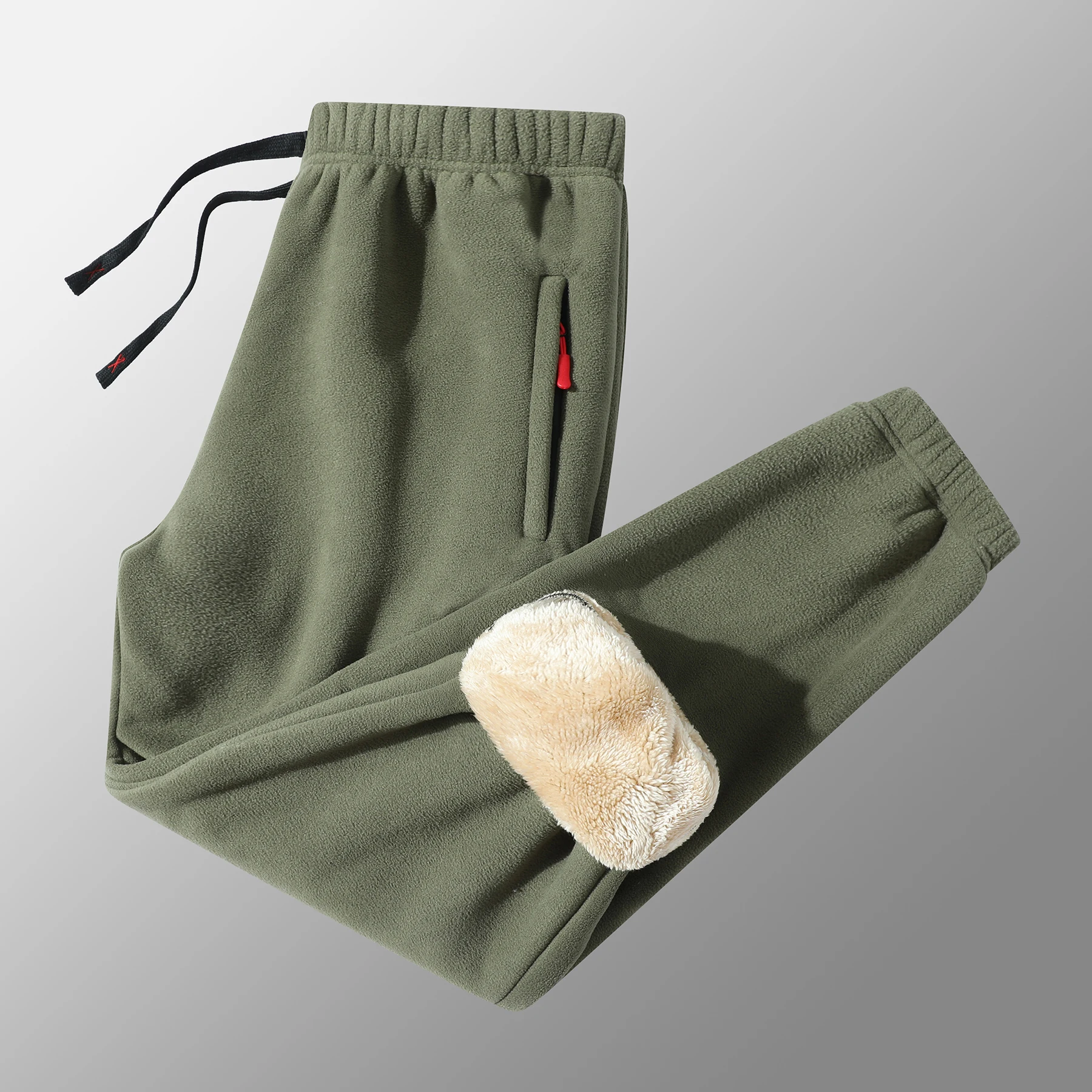 New Men's Casual Flannel Loose-Fit Drawstring Lamb Fleece Winter Solid Color Thermal Pants with Pockets and Zipper