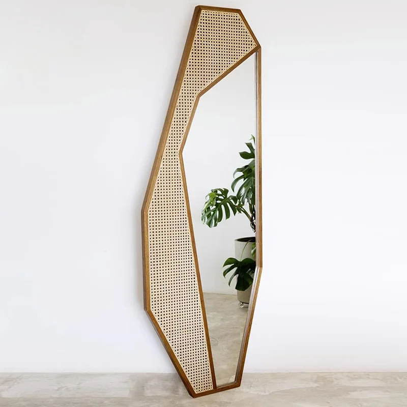 

New Chinese style solid wood makeup mirror B & B hotel rattan creative mirror household simple floor mirror decorative artwork