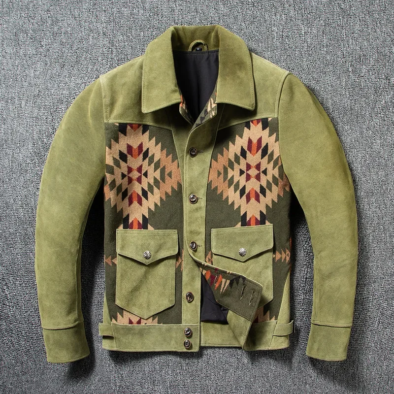 men casual genuine leather coat.vintage green  Suede jacket.quality brand Canvas stitching