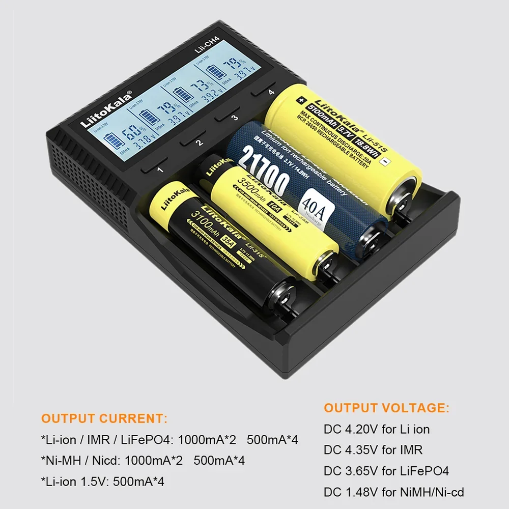 LiitoKala LII-CH4 4-slot Battery Charger for 3.7V 18650 21700 26650 18500 1.2V AA AAA NiMH 1.5V Lithium-ion battery