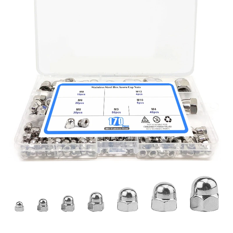 170Pcs 7 Sizes Stainless Steel Acorn Cap Nuts Kit M3-M12 Hex Dome Nuts, Acorn Hex Cap Dome Head Nut, Domed Crown Nut