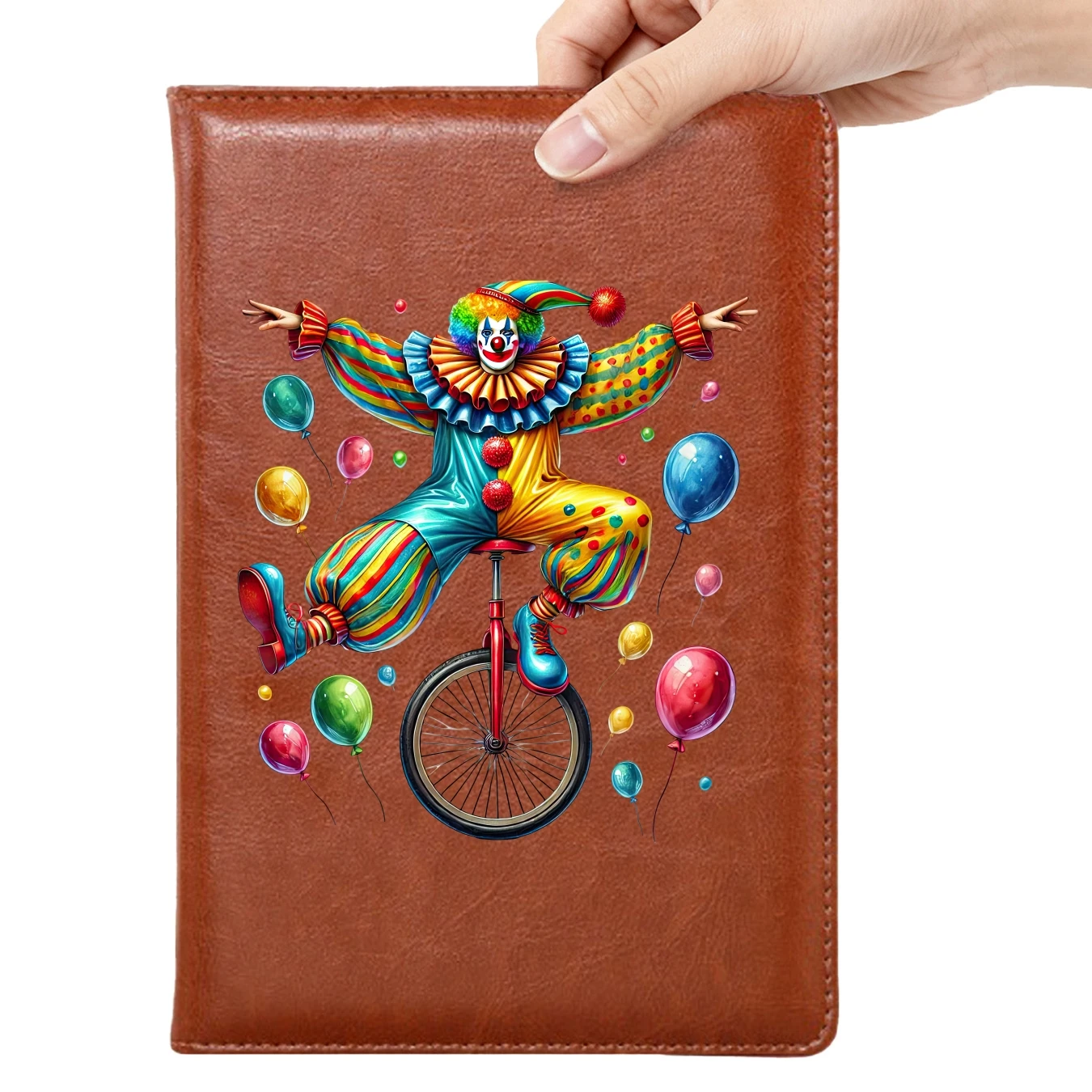 Vintage Circus Clown Unicycle Leather Notebook Personalized Soft Cover with Bookmark for Business Meeting Office School Diary