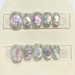10Pcs Handmade Press On Nails Simple Metallic Full Cover Glitter Silver French Ballerina False Nails Wearable Manicure Nail Tips
