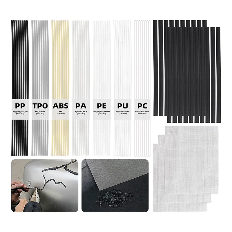 

A76K 75Pcs 13 Inch Plastic Welding Rods Assorted Set With Stainless Steel Mesh, Welding Strips For Car Bumpers Kayak Repairs