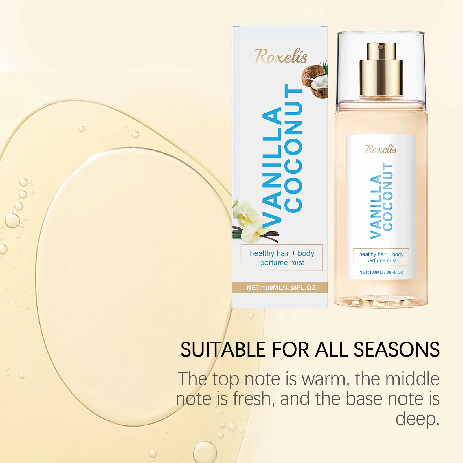 록셀리스 바닐라 코코넛 바디 미스트 - 유니섹스 롱래스팅 향수, 휴대용 헤어 & 바디 스프레이 (데일리 사용)