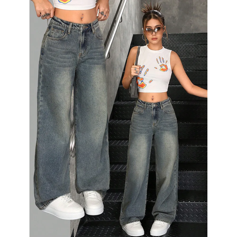 Ladies High Waist Baggy Wide Leg Denim Pants Retro Faded Vintage Blue Loose Streetwear Jeans