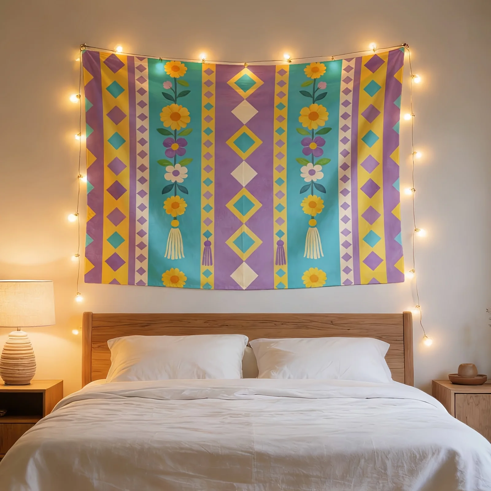 Boho Floral Tapestry Wall Hanging Geometric Yellow Purple Boho Chic Nursery Decor Artwork Living Room Bohemian Home Aesthetic Ta