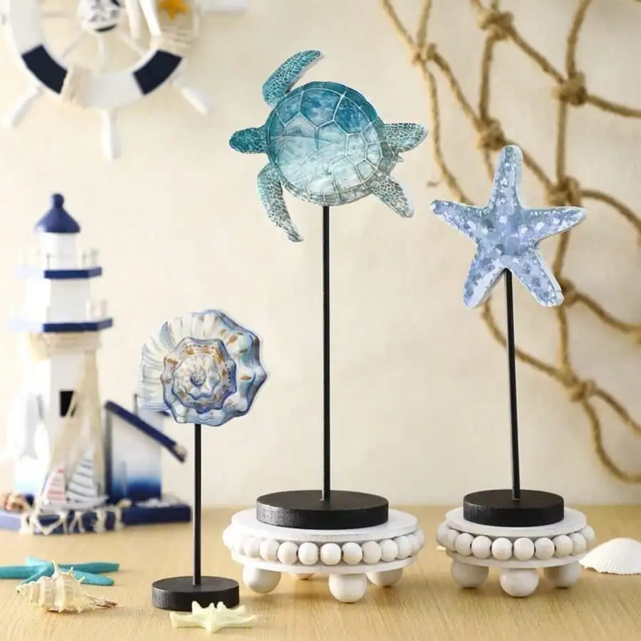 3 Pcs Sea Table Decor Coastal Turtle Starfish Decor Ocean Beach Centerpieces Nautical Standing Block Wooden Centerpiece Sign