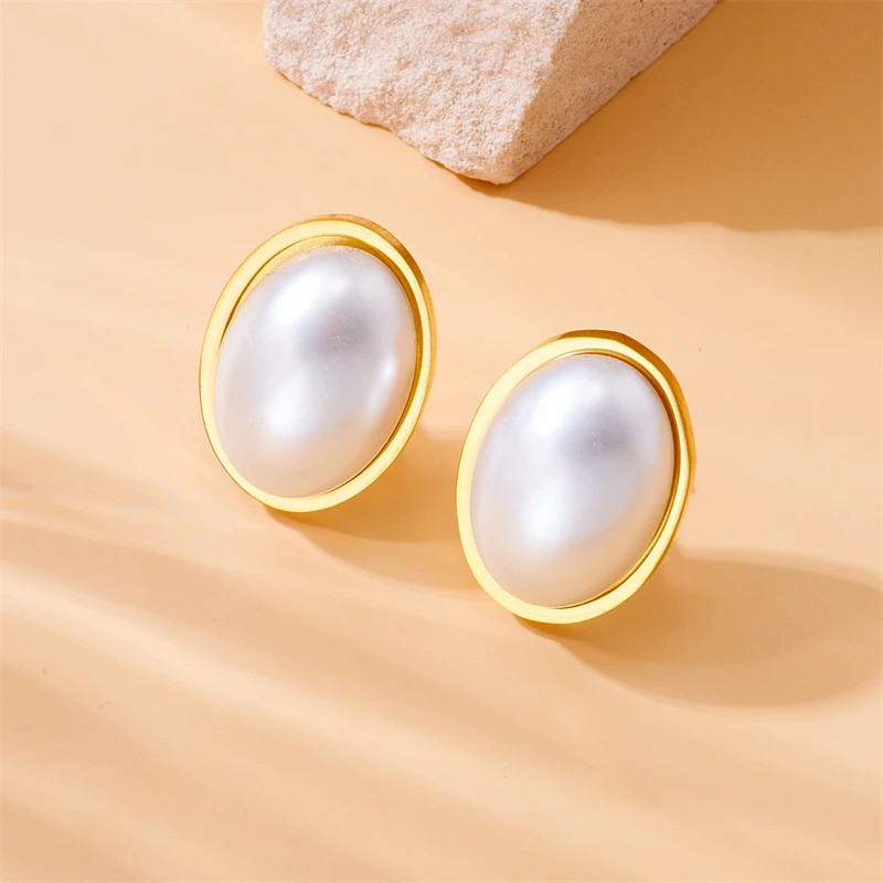 DIEYURO 316L Stainless Steel Large Oval Pearl Stud Earrings For Women Fashion New Ear Jewelry Lady Gift Party серьги женские