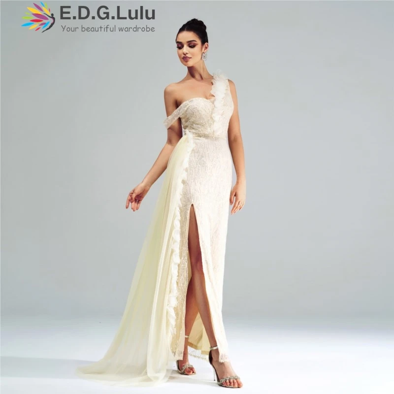 EDGLuLu  Asymmetric Collar Light Yellow Long Dresses 2024 Women Design High Waist Mesh Ribbon Splicing Party Evening Dress 1220