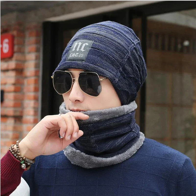 2-Pieces Winter Beanie Hat Scarf Set Warm Knit Hat Thick WoolLined Winter Hat & Scarf Skullies Bonnet For Men Women