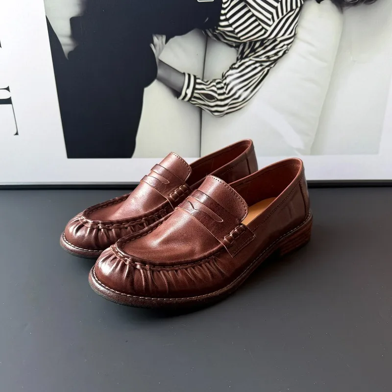 

British-Style Genuine Leather Loafers Women Casual Leather Shoes Slip-On Comfortable Driving Shoes Commuter Office Shoes