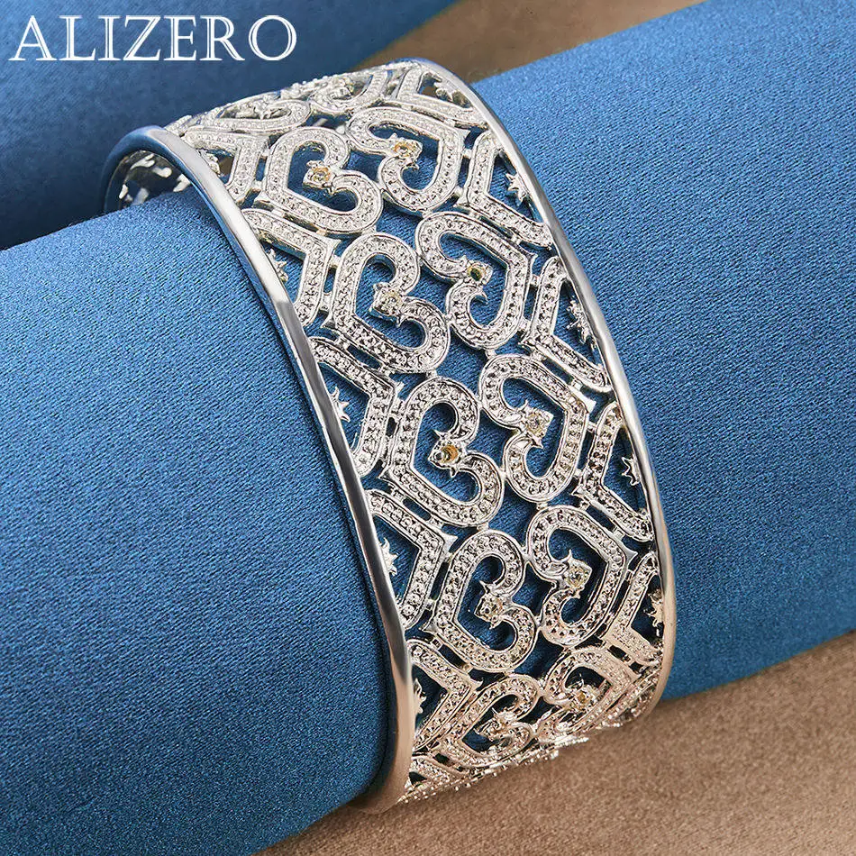 ALIZERO 925 Sterling Silver Bracelet inlay Zirconia Hearts Bangle For Women Jewelry For Daily Wear and Fashion Party Accessories