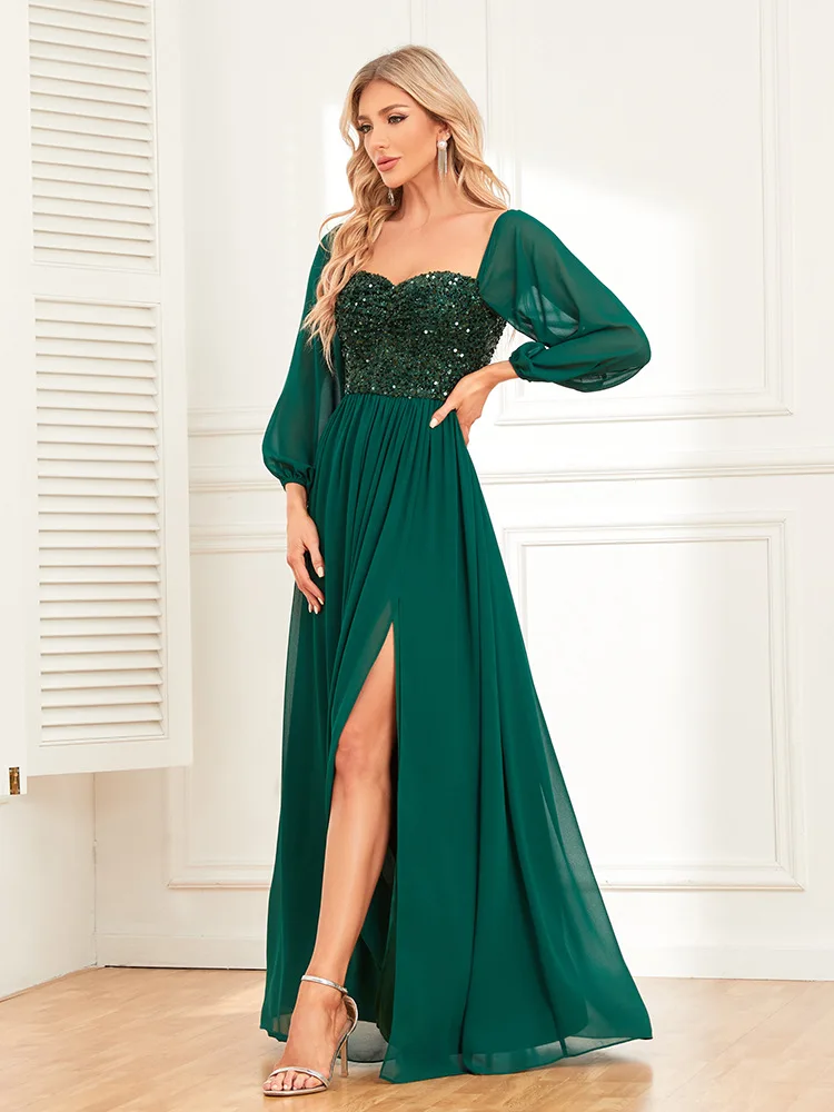 Sexy Vintage Maxi Sequin Summer Dress Women Chiffon One Shoulder Patchwork Sequin High Slit Sexy Green Lace Dress Luxury