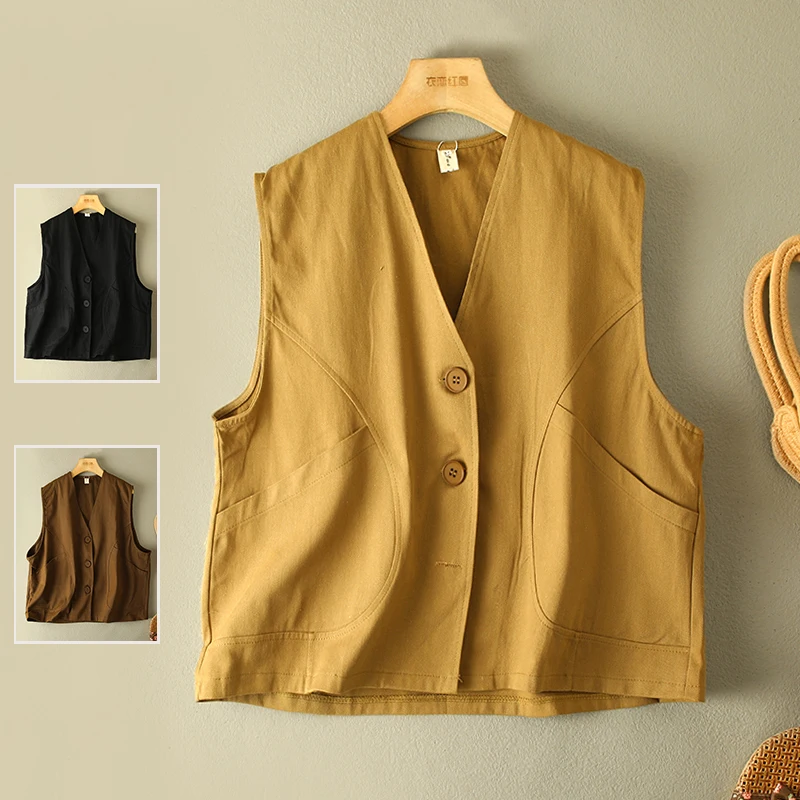 

Художественная хлопковая рабочая одежда с крупной талией, жилет, повседневная верхняя одежда с v-образным вырезом, футболка на пуговицах, весенняя женская куртка больших размеров