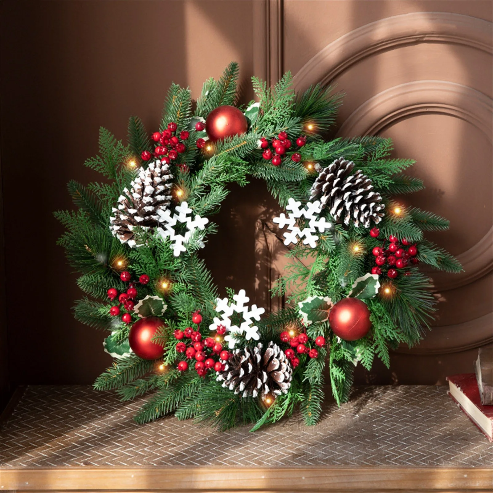 40cm Christmas Artificial Flowers Wreath Door Hanging Decor Festival Props Hanging Window Wall Hanging Excluding Light String