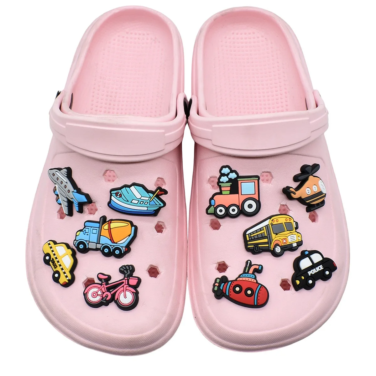 21-100Pcs Schoolbus Boat Train Motorcycle Shoes Charms Helicopter Mix Car Children PVC Buckle Decorations DIY Phone Case