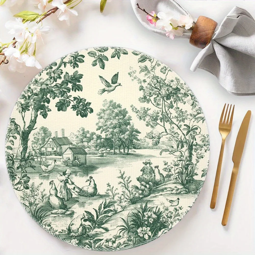 VIKAMA Christmas Tablecloth Round Placemat Green and White Two-Tone Placemat Holiday Table Decor Kitchen Party Buffet