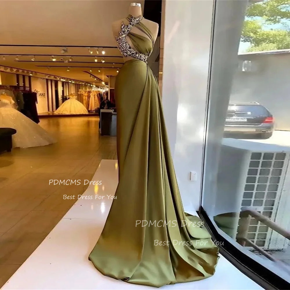 

Elegant Green Mermaid Evening Dresses Halter Neck Vestidos De Noche Shiny Beading Prom Dress Draped Train Formal Party Gowns