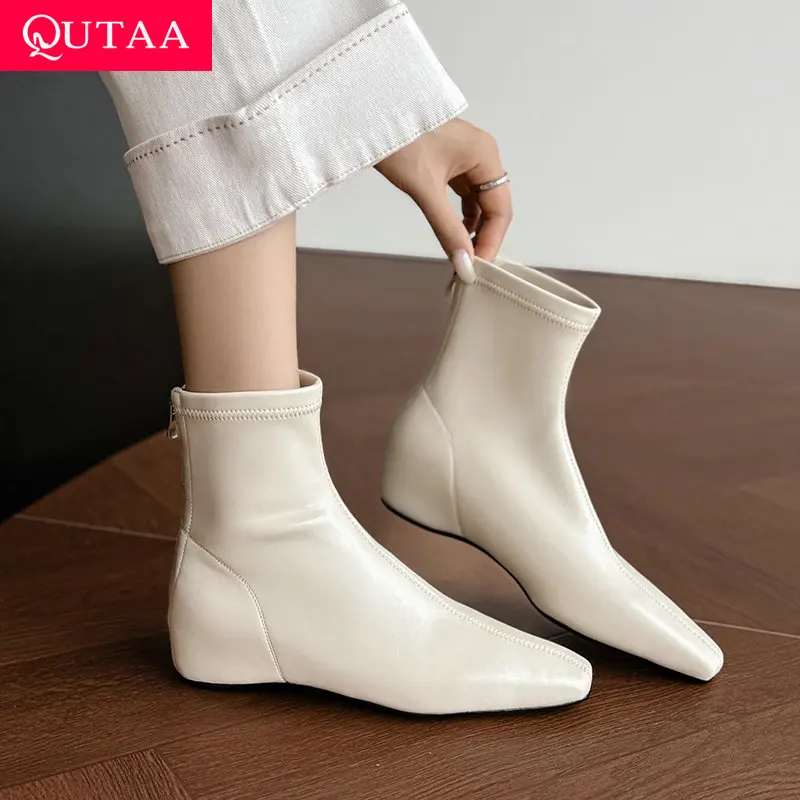 

QUTAA 2026 Fashion Winter Microfiber Stretch Boots Women Ankle Boots Autumn Shoes Wedge Heels Pointed Toe Lady Short Boots 34-40